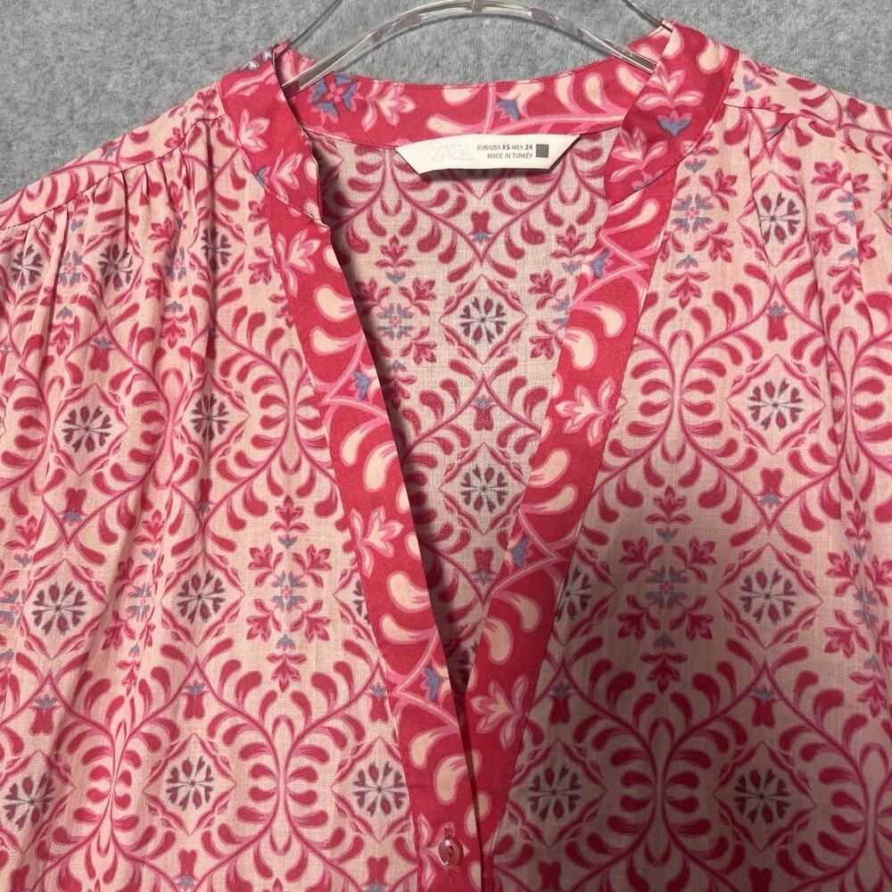 Zara pink floral print cotton tiered midi shirt dress Size XS Size 2 - Picture 4 of 8